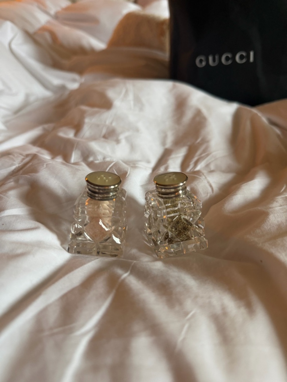Authentic Birks Crystal Salt and Pepper Shakers with Silver and mother of pearl
